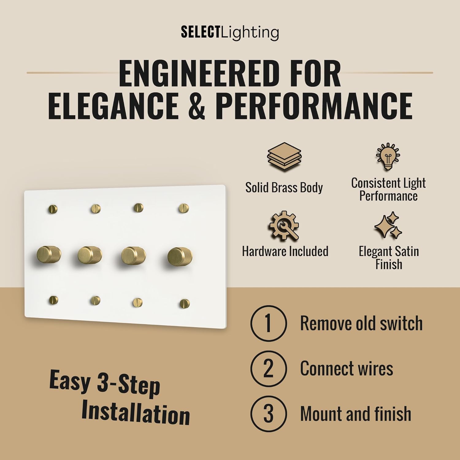 SELECT White Brass Dimmer Light Switch, 1 Way Rotary Dimmer, 4 Gang TRIAC/Leading Edge Dimmable LED Light Switch, 15A 120V AC with Brass Knob, Faceplate & Dimming Module, UL Listed
