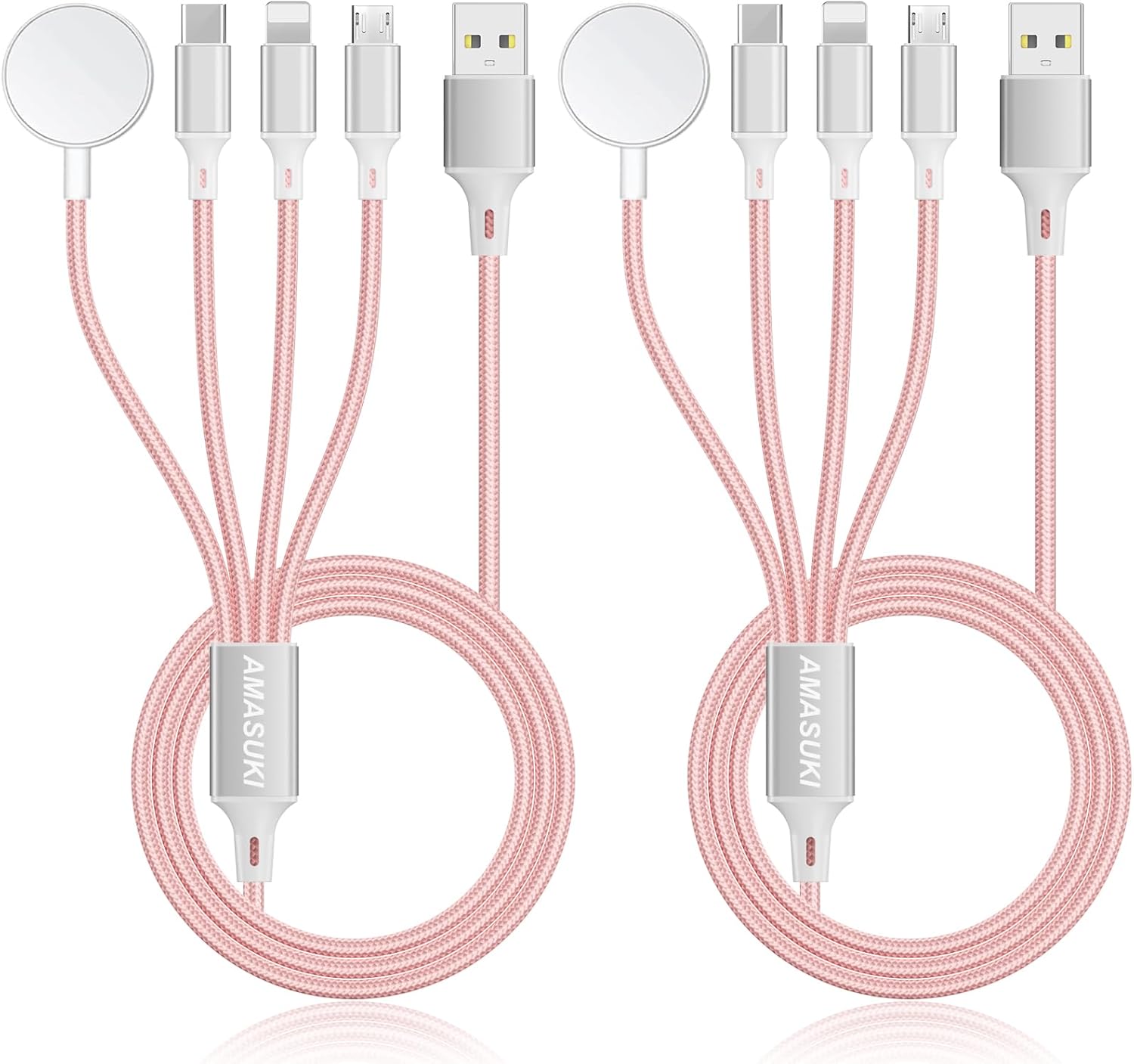2Pack Multi Charging Cable for Apple Watch Charger 4 in 1 Travel Essentials RV Camping Essentials USB C/L/Micro Compatible with iWatch Series 11-1/iPhone 17/16/15/Android Airplane Gadgets-4FT/Pink