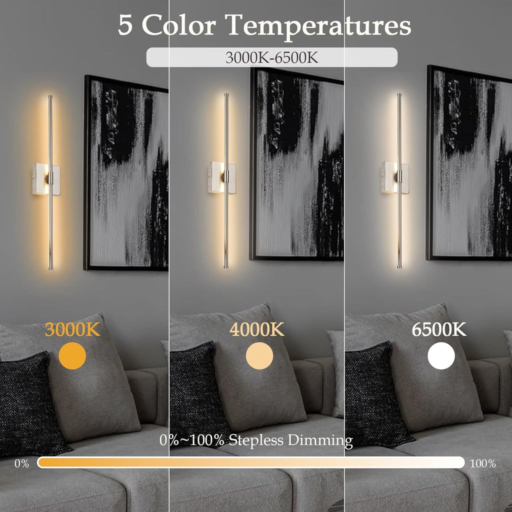 LED Wall Sconces with Remote Control, Dimmable Wall Sconces Set of 2, 5 Colors 3000K-6500K & Dimmable, Hardwire Wall Light with Timer & Night Light, LED Nickel Wall Lamps for Living Room, Bedroom