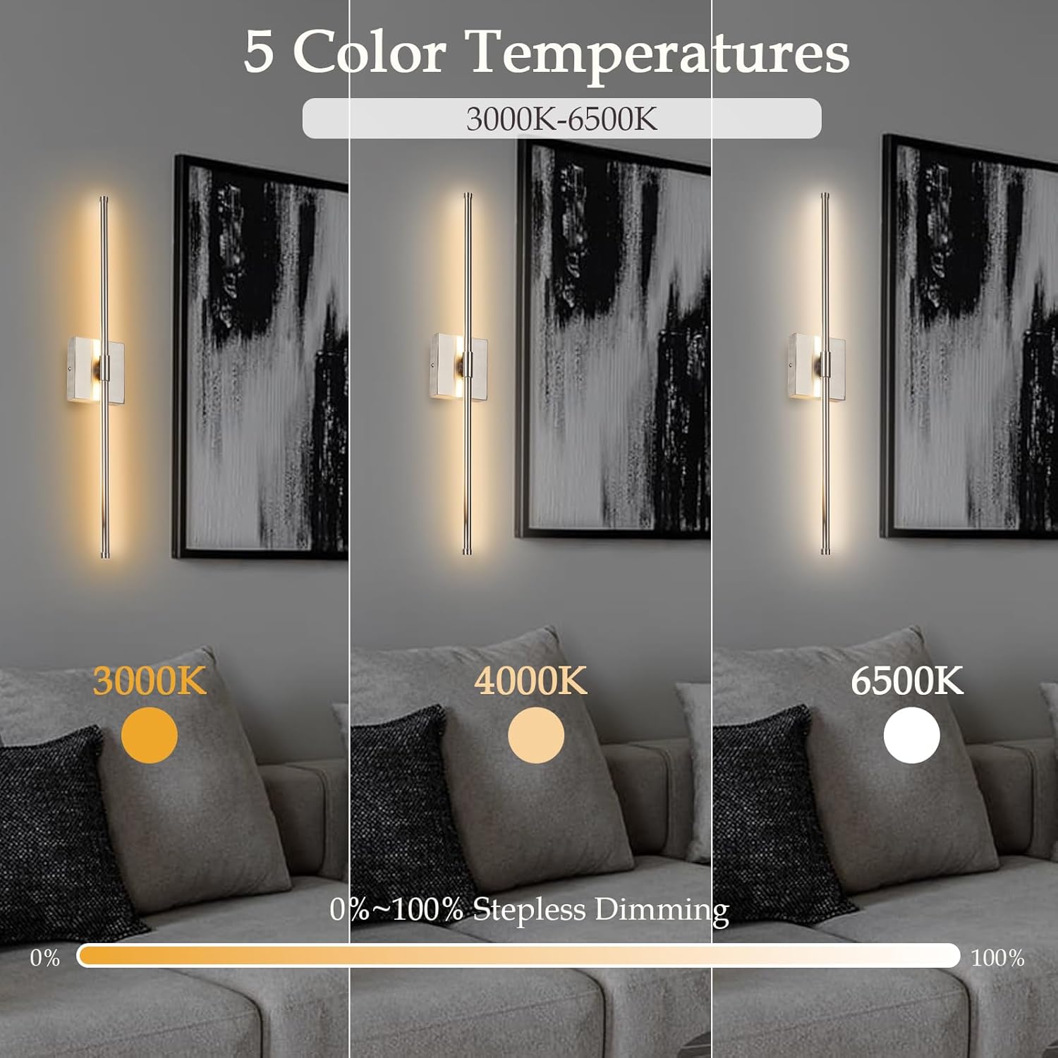 LED Wall Sconces with Remote Control, Dimmable Wall Sconces Set of 2, 5 Colors 3000K-6500K & Dimmable, Hardwire Wall Light with Timer & Night Light, LED Nickel Wall Lamps for Living Room, Bedroom
