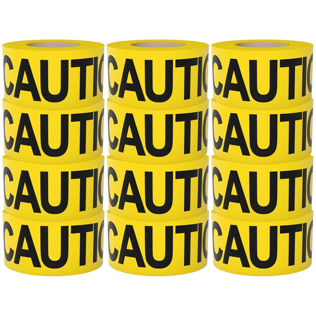 Caution Tape 12 Pack 3 inch x 1000 feet, Bright Yellow w/Bold Black Text, 3" Wide for Maximum Readability Strongest & Thickest Tape for Danger/Hazardous Areas