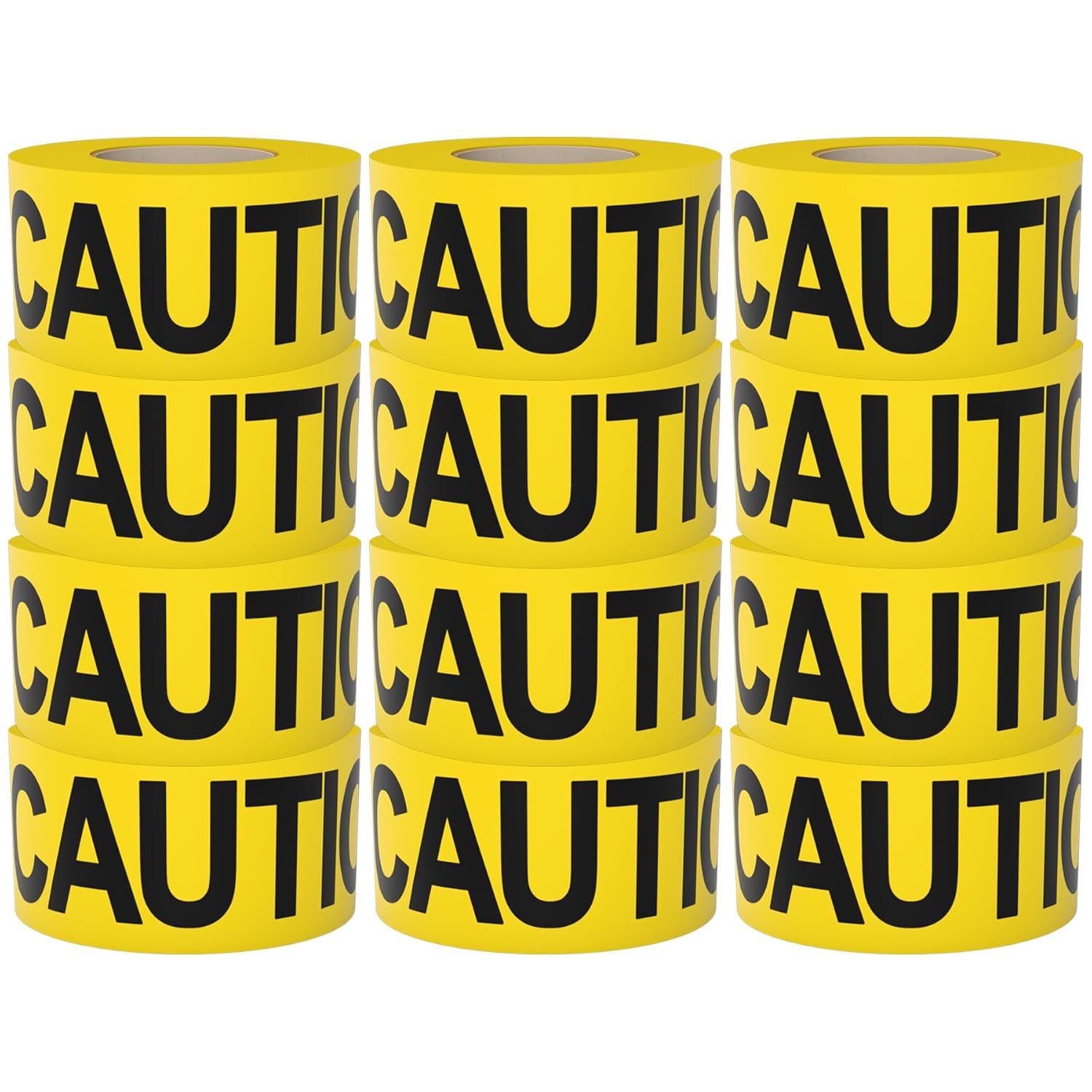 Caution Tape 12 Pack 3 inch x 1000 feet, Bright Yellow w/Bold Black Text, 3" Wide for Maximum Readability Strongest & Thickest Tape for Danger/Hazardous Areas