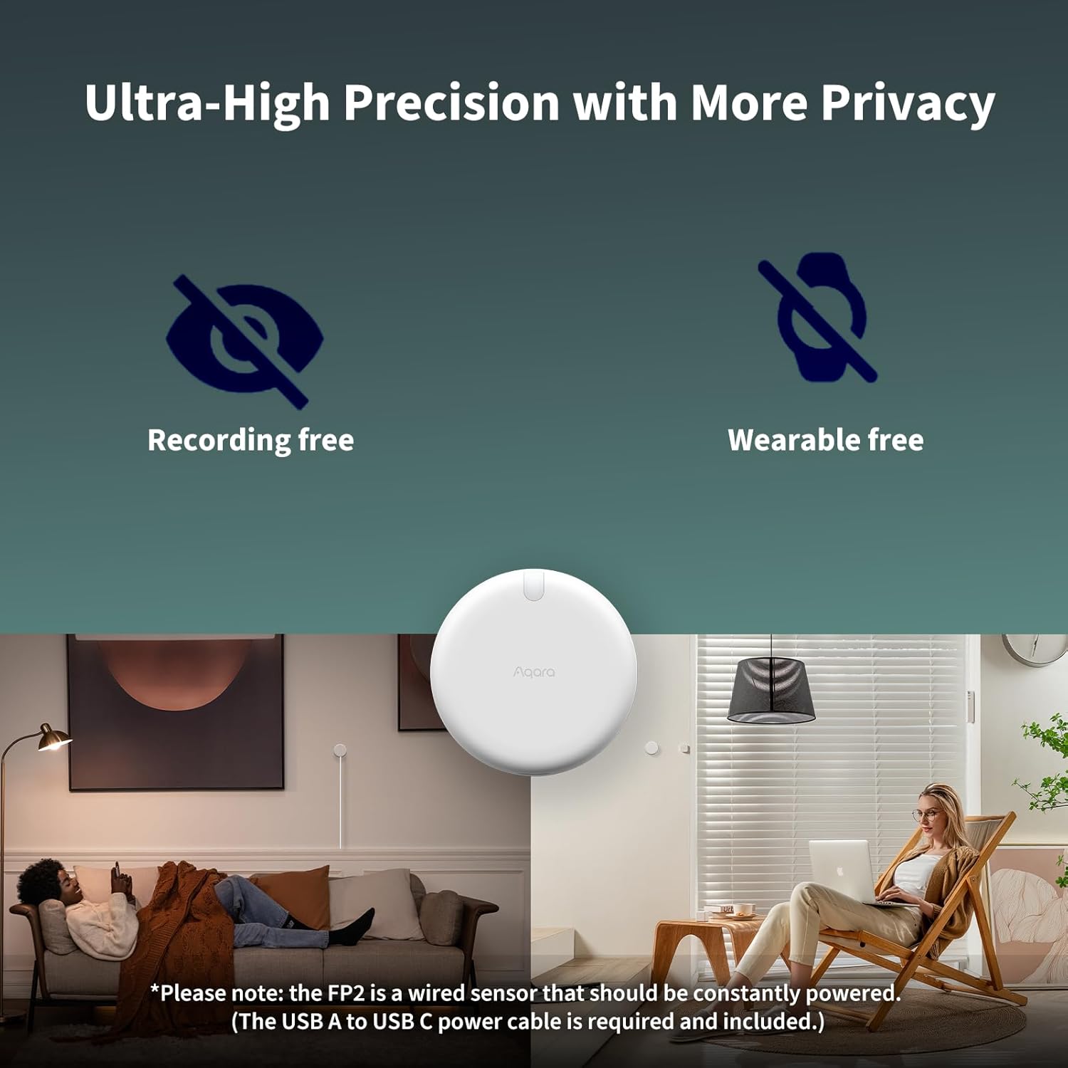Aqara Presence Sensor FP2, mmWave Radar Wired Smart Motion Sensor, Zone Positioning, Multi-Person & Fall Detection, Supports HomeKit, Alexa, Google Home, and Home Assistant, 2.4 GHz Wi-Fi Required