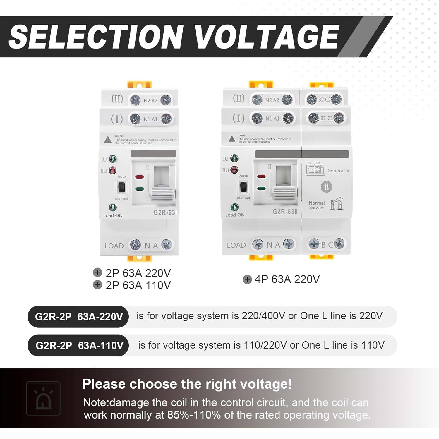 Automatic/Manual Transfer Switch 63Amp 110V, Mini ATS 2Pole AC G2R Solar Auto Dual Power Changeover Switch for Home Generator, Din Rail Mounted 50/60Hz CE Certified for Rv, Lv, Cn Public/Backup Power
