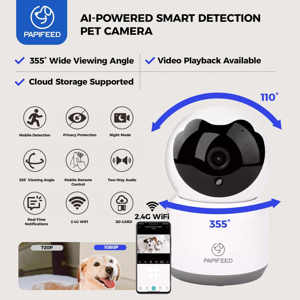 PAPIFEED 3L Automatic Cat Feeder and External Camera, 2.4G WiFi Auto Pet Feeder with App Control and Dual Power Supply, 1080P HD Video with Enhanced IR Night Vision, Two-Way Voice Call Camera, Blue