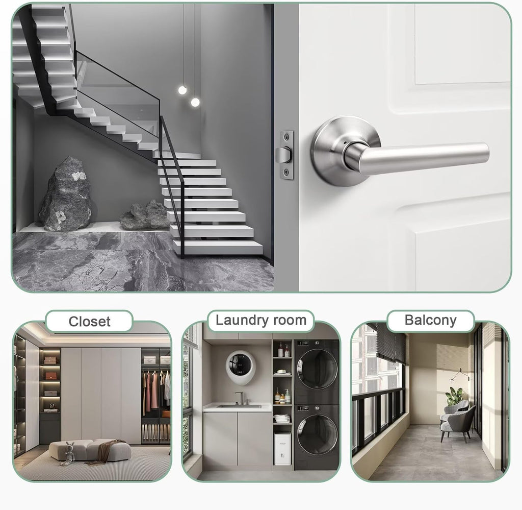 GOBEKOR 2 Pack Brushed Nickel Door Handles Interior,Heavy Duty Passage Door Handles Interior Door Levers for Hallway and Closet, Modern Sleek Round Door Locks Satain Nickel