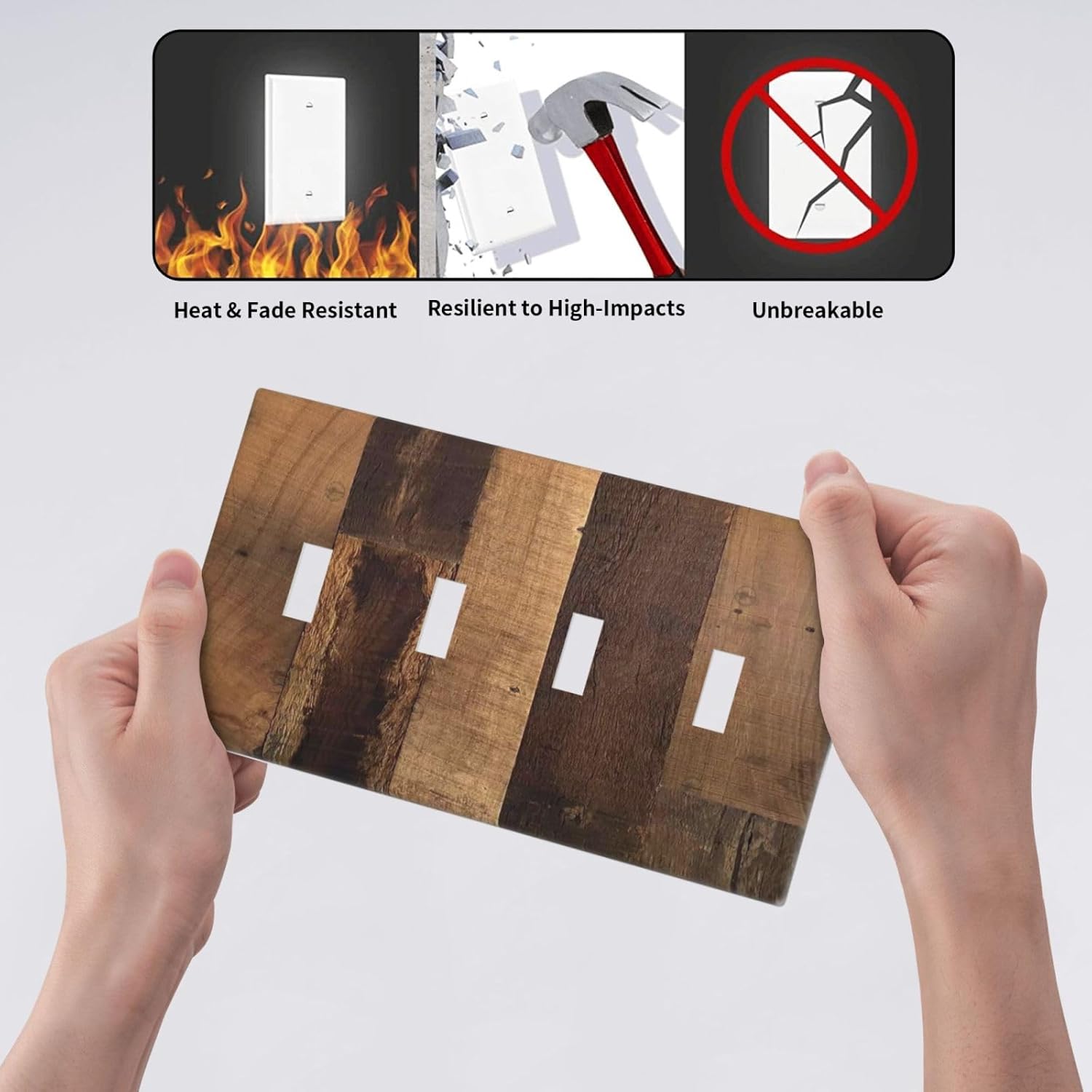 Rustic Brown Wood Vintage Wood Board Light Switch Covers Quad Toggle Electrical Faceplate 4 Gang Wall Plate Decorative Switch Plates For Farmhouse Cabin Decor