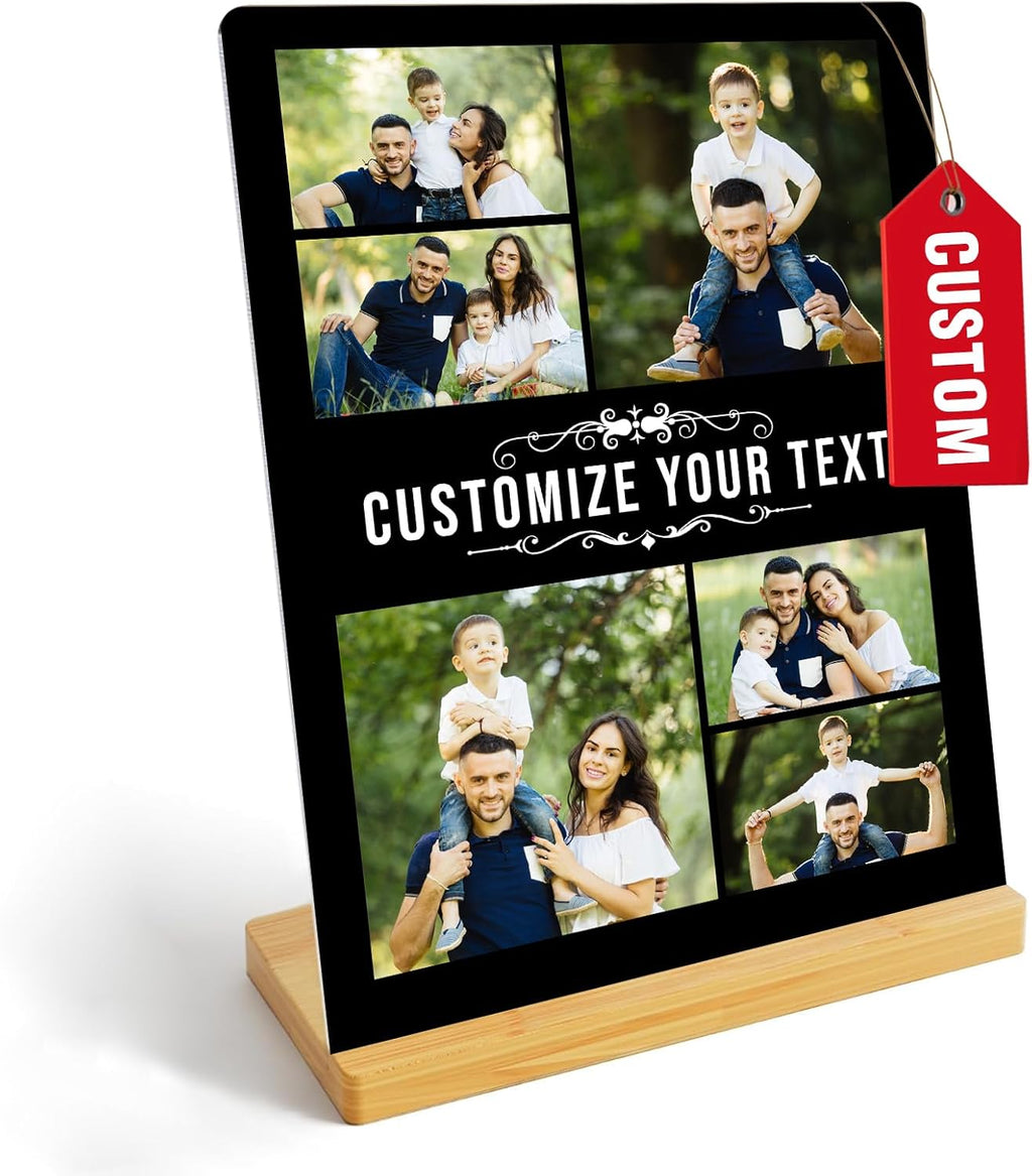 Custom Photo Prints - Metal Desktop Picture Frame with Photos & Name & Wooden Base Personalized Gifts for Family Friends Lovers and Pets, Optional Multiple Sizes