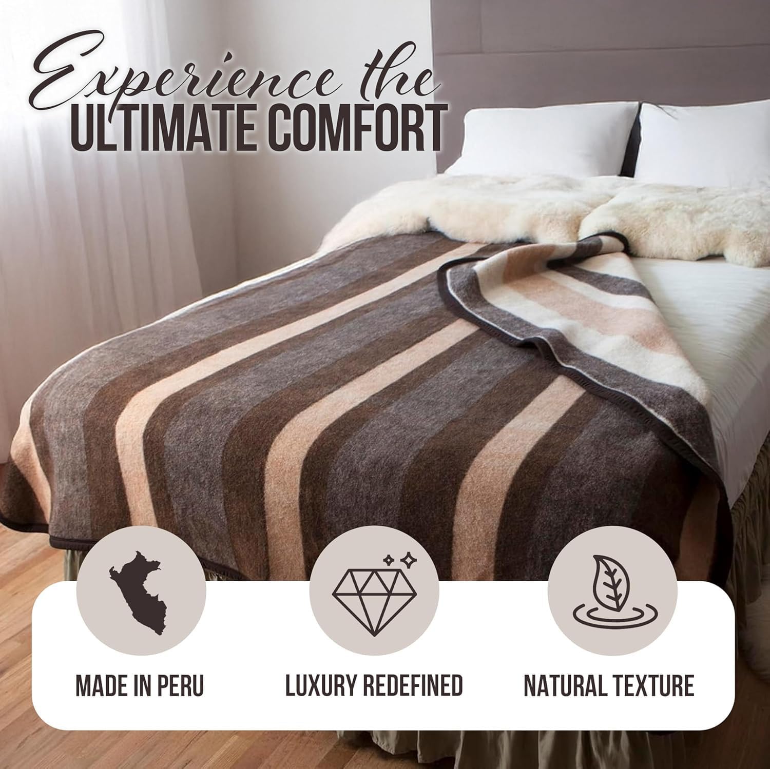 Natural Alpaca & Sheep Wool Blanket – Woven, Made in Peru - Full/Queen Size – Heavyweight Warmth, Thick, Breathable, Natural Texture & Scent, 72 x 88 Inches, 4.2 lbs