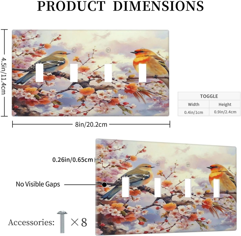 Birds Sitting on Flowers Tree Branch Light Switch Covers Quad Toggle 4 Gang Wall Plate Decorative Switch plate Electrical Faceplate for Farmhouse Living Decor