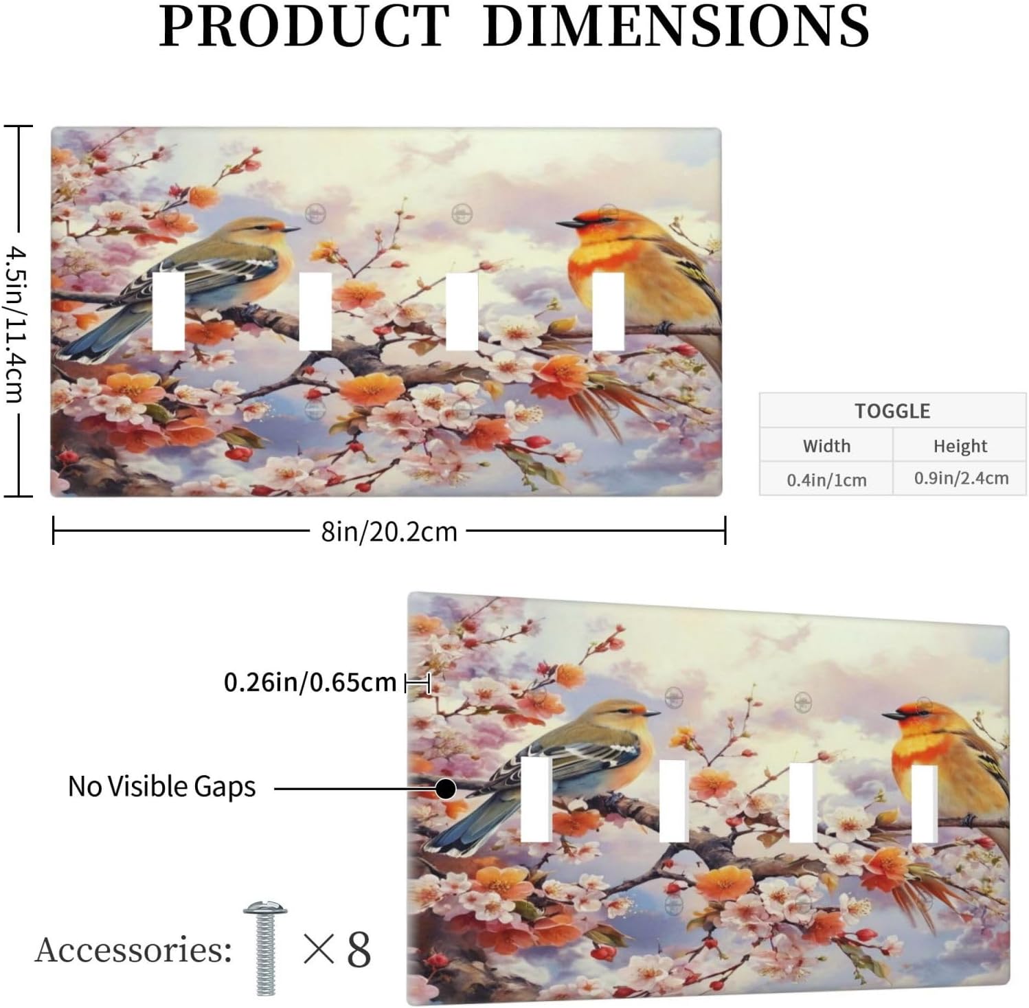 Birds Sitting on Flowers Tree Branch Light Switch Covers Quad Toggle 4 Gang Wall Plate Decorative Switch plate Electrical Faceplate for Farmhouse Living Decor