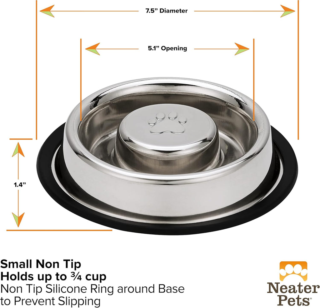 Neater Pet Brands Stainless Steel Slow Feed Bowl - Non-Tip & Non-Skid - Stops Dog Food Gulping, Bloat, Indigestion, and Rapid Eating (.75 Cup)