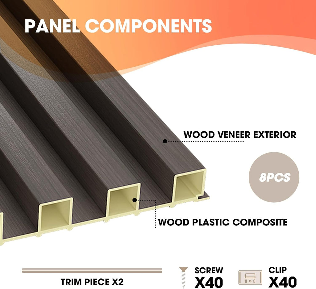 OUZUGIE WPC Acoustic Slat Wall Paneling, 8-Pack 96 x 6 Inches 3D Wall Panels for Interior Wall Decor,Living Room,TV Background,Study Room,Office Spaces,Bedroom,High Grille (Walnut)