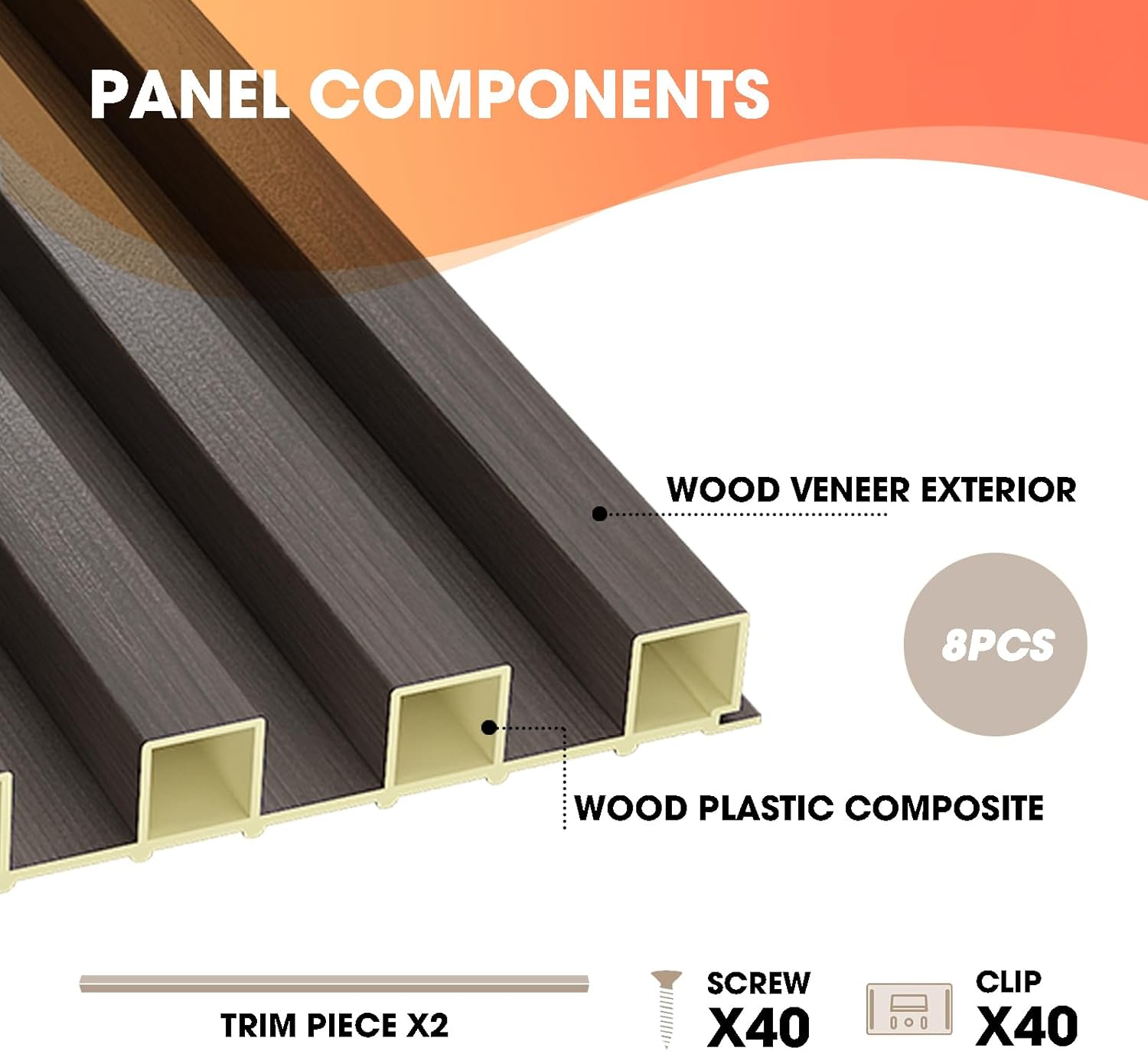 OUZUGIE WPC Acoustic Slat Wall Paneling, 8-Pack 96 x 6 Inches 3D Wall Panels for Interior Wall Decor,Living Room,TV Background,Study Room,Office Spaces,Bedroom,High Grille (Walnut)