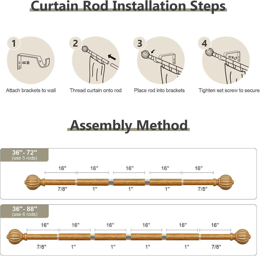 Wood Curtain Rods for Windows 48 to 84 Inch, 1'' Adjustable Heavy Duty Curtain Rod，Vintage Imitation Wood Grain Decorative Drapery Rods with Pumpkin Finials for Bedroom Living Room