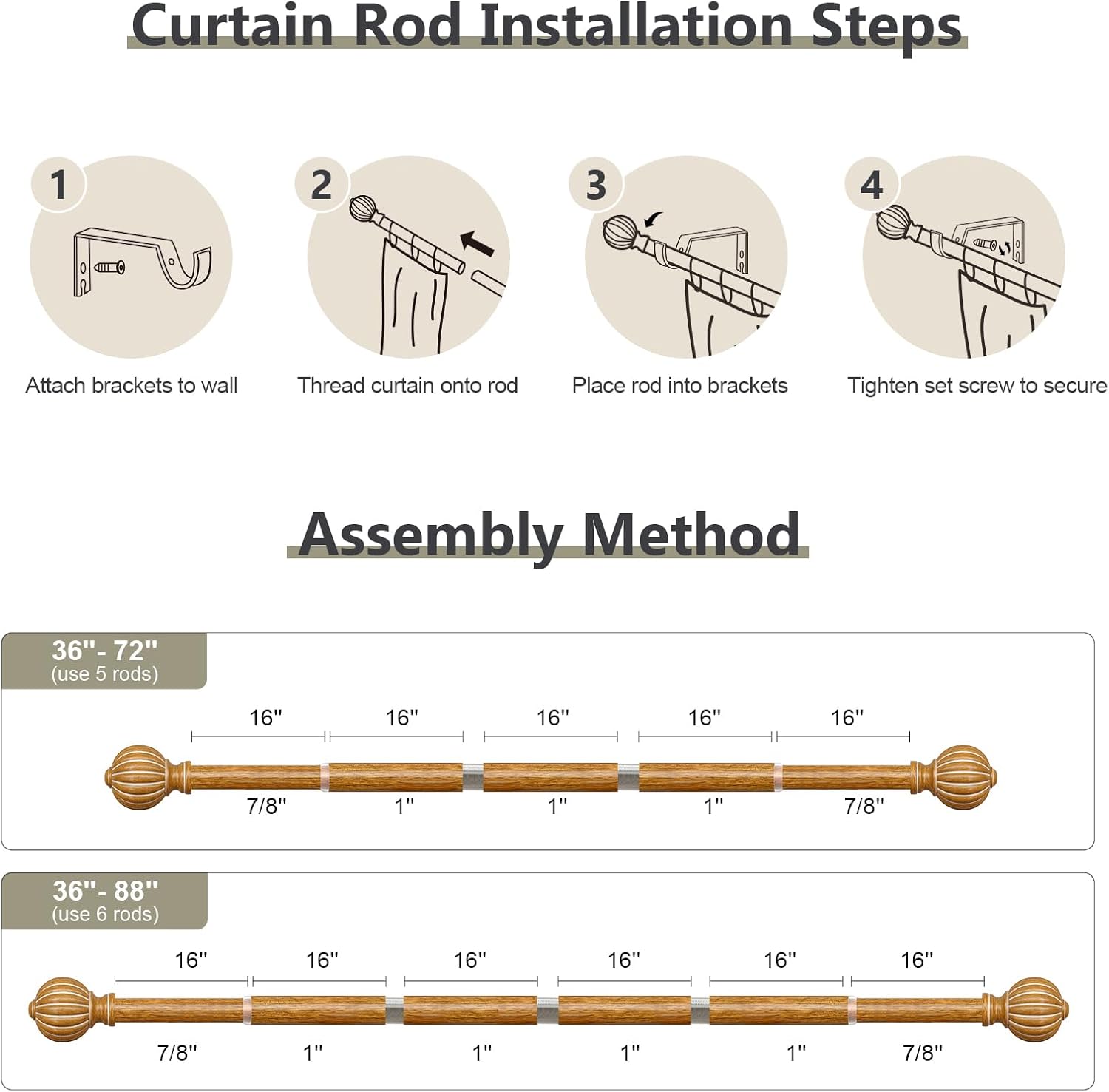 Wood Curtain Rods for Windows 48 to 84 Inch, 1'' Adjustable Heavy Duty Curtain Rod，Vintage Imitation Wood Grain Decorative Drapery Rods with Pumpkin Finials for Bedroom Living Room