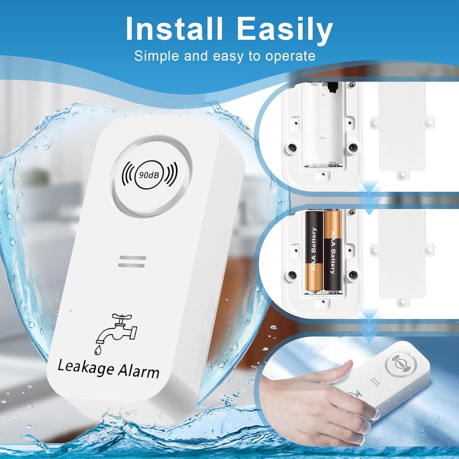 90dB Loud Water Leak Detector, 2 Pack Wireless Alarm with 3 Probes for Kitchen Bathroom Basement, Easy Installation Floor & Pipe Drip Sensor