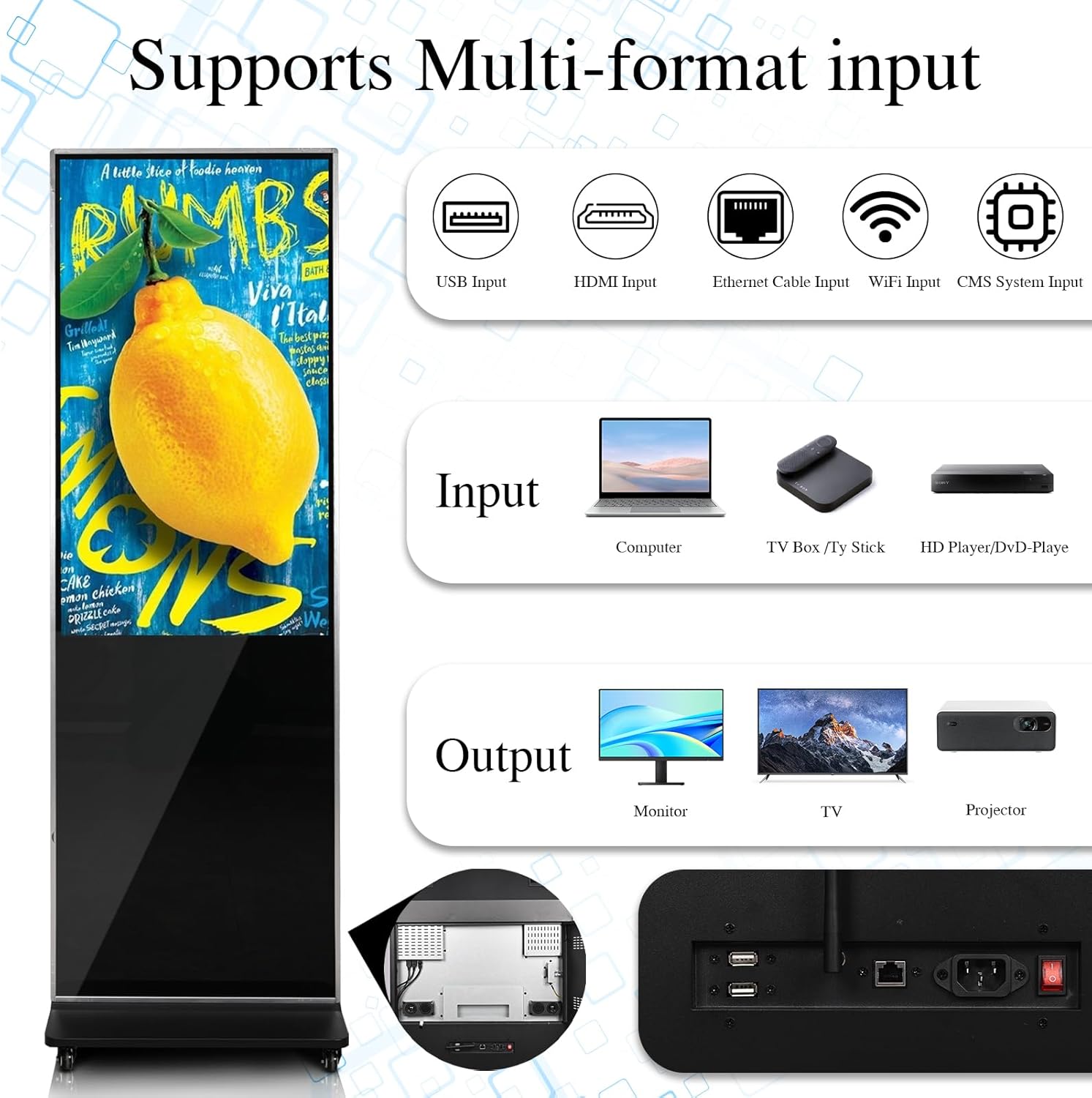 43" 4K LCD Digital Signage Display, Indoor Floor Standing Advertising Kiosk, Commercial Digital Signage Kiosk with Auto AD Box, HDMI WiFi Bluetooth Input, Android 12.0 Black