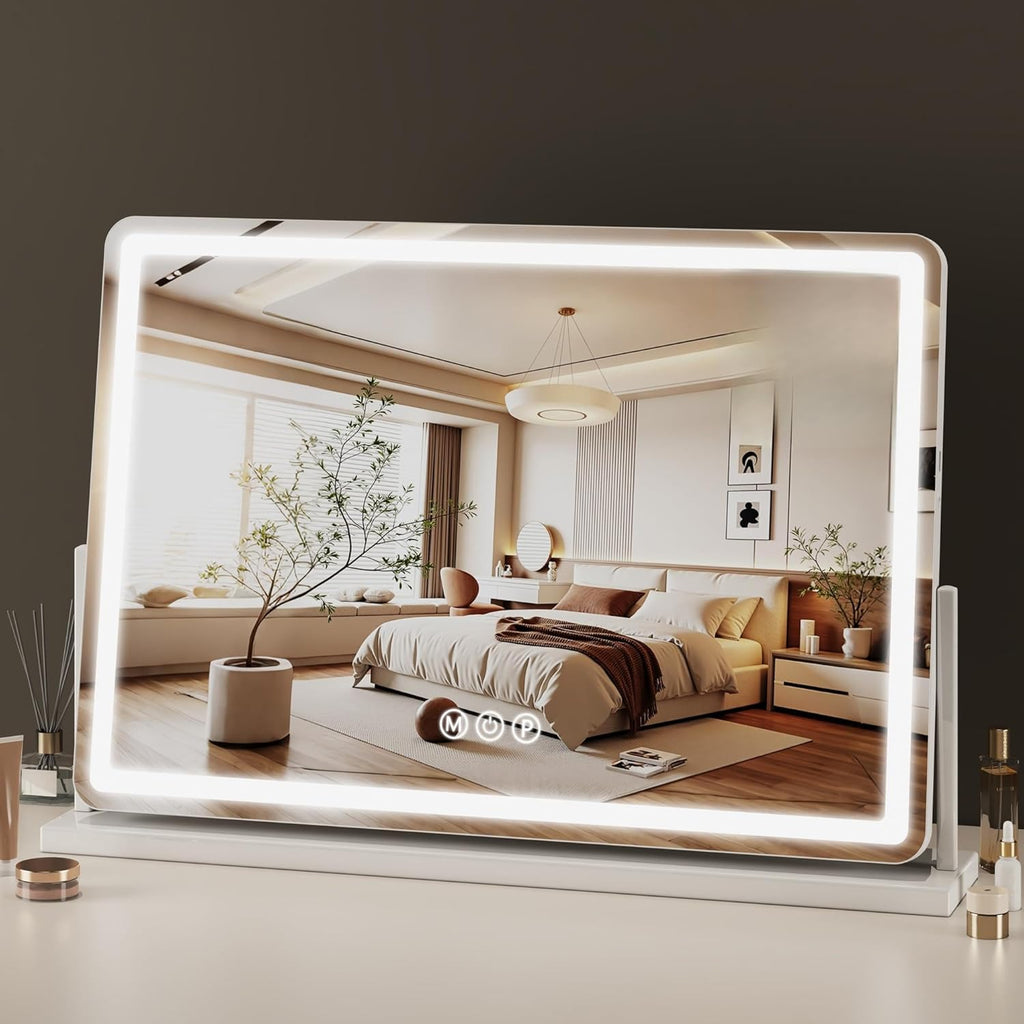 Vanity Mirror with Lights, 32"x22" Hollywood Lighted Makeup Mirror for Tabletop & Bedroom 3 Color Lighting Modes Smart Touch Control 360° Rotation Detachable