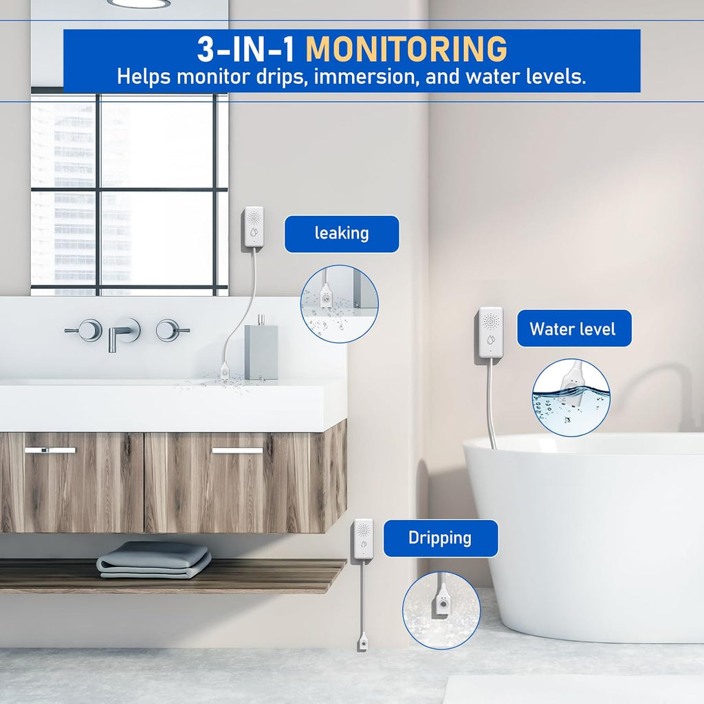 BSEED WiFi Water Leak Detector 5 Pack, Smart Water Sensor with Cable, 85dB Audio/App/SMS/Email Alarm, Rapid Leak Detection for Home, Kitchen, Bathroom, Basement, IP65 Waterproof, No Hub Required
