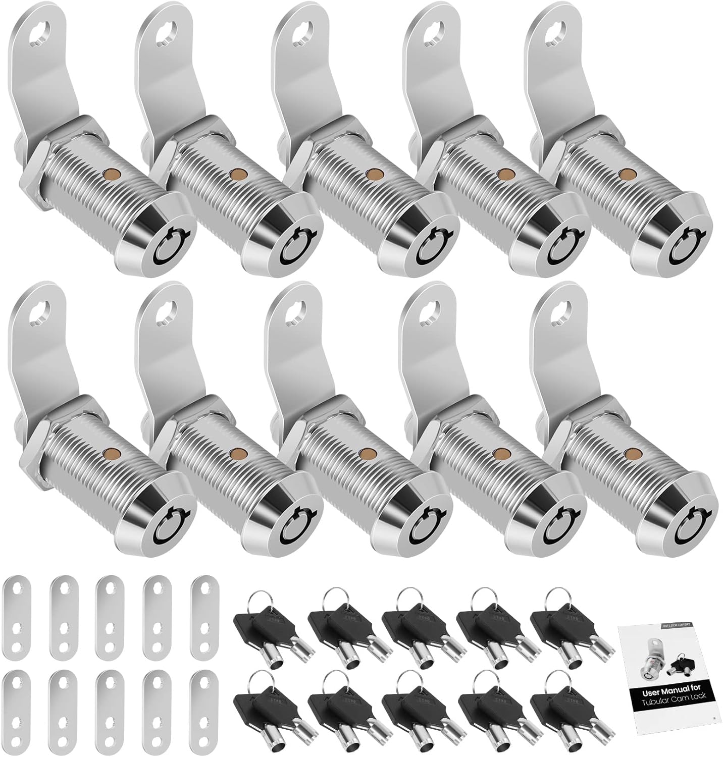 10 Pack Cabinet Lock with Keys, 1-1/8” RV Storage Locks Keyed Alike, RV Locks for Storage Door, Camper Cabinet Door Toolbox Lock RV Cam Locks with Manual