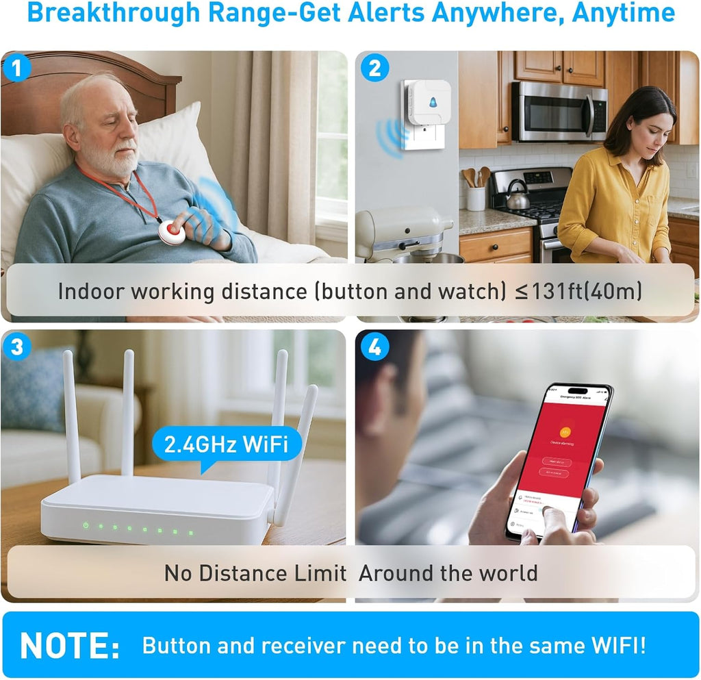 WiFi Caregiver Pager System with Emergency Button for Elderly - 1 SOS Alert Watch + 2 Wireless Call Buttons + 1 Receiver for Seniors Patient Disabled Kids (2.4GHz WiFi, No Monthly Fee)