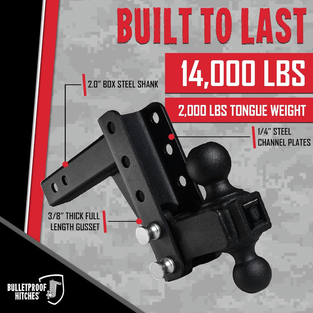 BulletProof Hitches - 2.0" Adjustable Medium Duty Trailer Hitch (14,000 lb. Rating) - 4" Drop/Rise Trailer Hitch with 2" & 2-5/16" Dual Ball - Powder Coat, Box Steel, Corrosion-Resistant