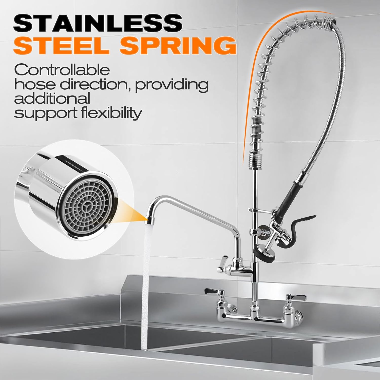 21" Height Commercial Faucet with Sprayer, 8" Adjustable Center & 8" Add-on Swing Spout, Wall Mount Pre Rinse Commercial Sink Faucet for Commercial Restaurant Industrial Kitchen