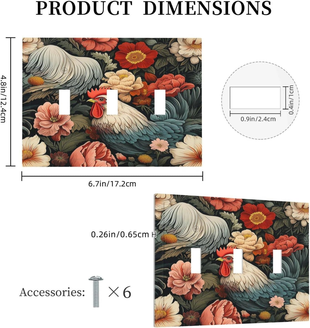 Decorative Switch Plates Rooster Flowers Red White Chicken Floral 3 Gang Wall Plate Triple Toggle Light Switch Cover Faceplate Electrical Wall Panels for living Room Farmhouse Decor