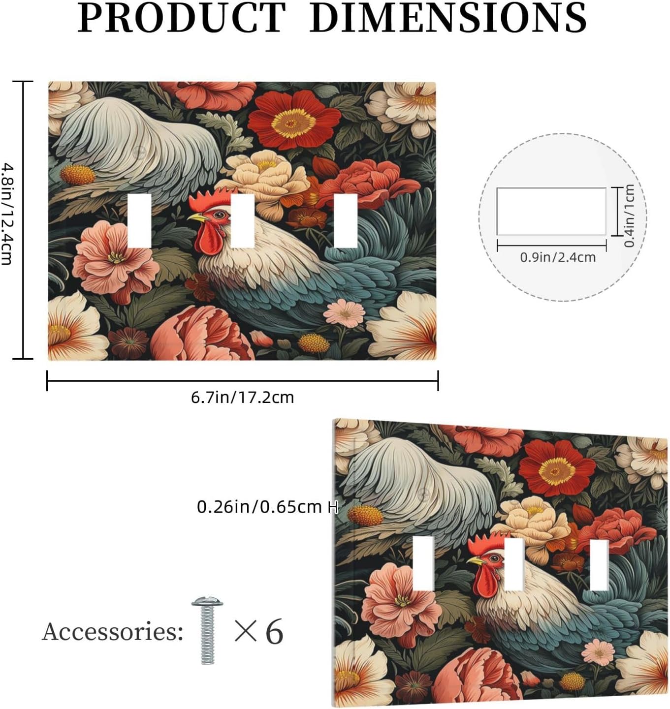 Decorative Switch Plates Rooster Flowers Red White Chicken Floral 3 Gang Wall Plate Triple Toggle Light Switch Cover Faceplate Electrical Wall Panels for living Room Farmhouse Decor