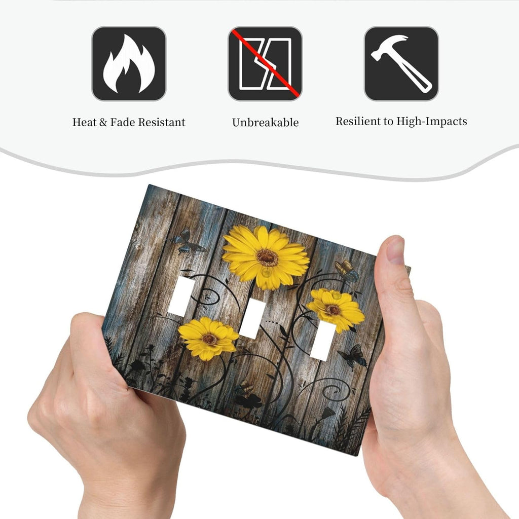 Rustic Barn Sunflower Wooden Daisy Flower Plank Decorative Switch Plates 3 Gang Wall Plate Triple Toggle Light Switch Cover Faceplate Electrical Wall Panels for Farmhouse Home Decor
