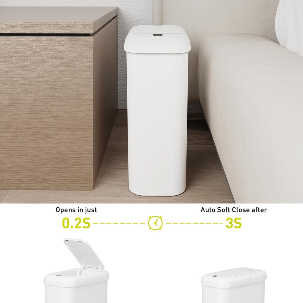 EKO Automatic Bathroom Trash Can with Lid, 2.6 Gallon Slim Touchless Garbage Can, Waterproof Motion Sensor Trash Bin for Bathroom, Office, Kitchen, White