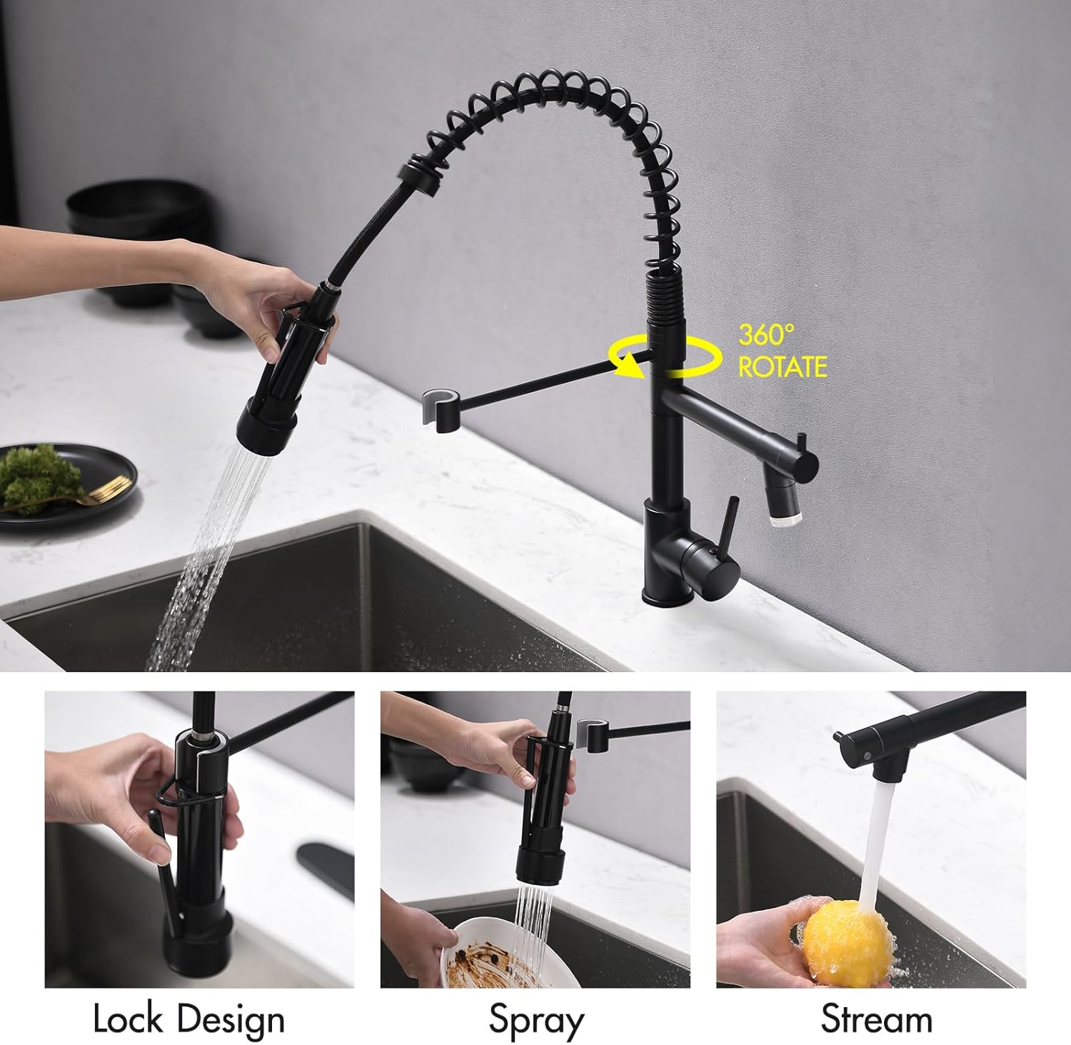 AIMADI Kitchen Faucet,Black Kitchen Faucet,Commercial Faucet with Sprayer Single Handle Single Hole Spring Kitchen Sink Faucet,Matte Black