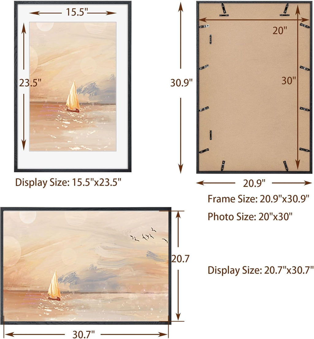 20x30 Picture Frames in Black, 20"x30" Oak Wood Poster Frame, 20 x 30 Wood Frame with Real Glass, 20x30 Matted Frame for 16x24 Picture (Black, 1 Pack)