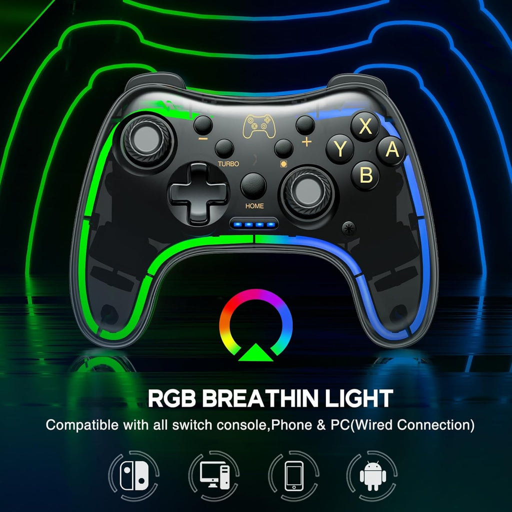 ELISWEEN Switch Controller for Nintendo Switch/Switch 2/OLED/Lite, Replacement for Nintendo Switch Pro Controller Support PC & Android/iOS with Cool Light, Wireless Switch Controller with Turbo,Vibration