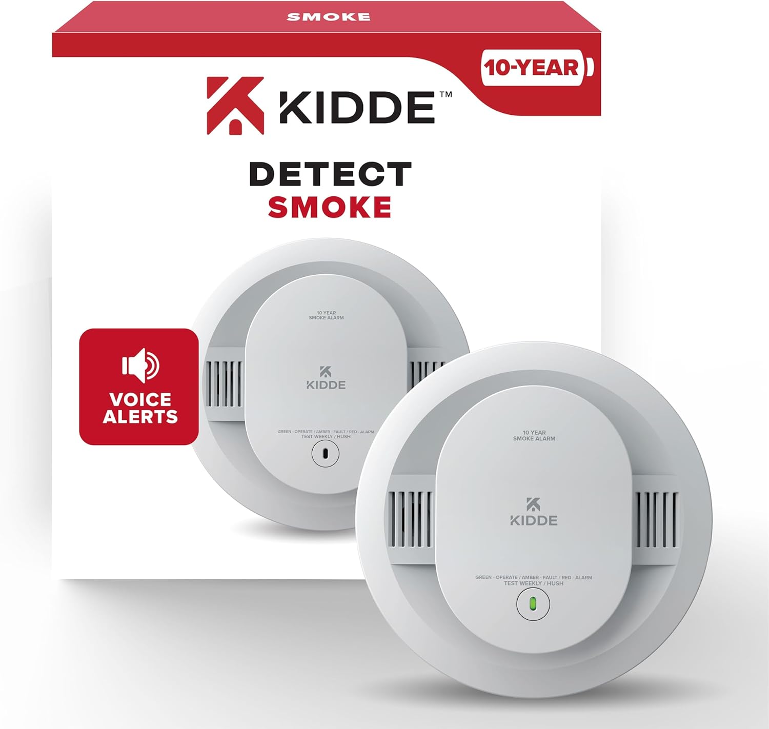 Kidde Smoke Detector, 10-Year Battery Powered, Voice Alerts, LED Warning Light Indicators, 20SD10-V