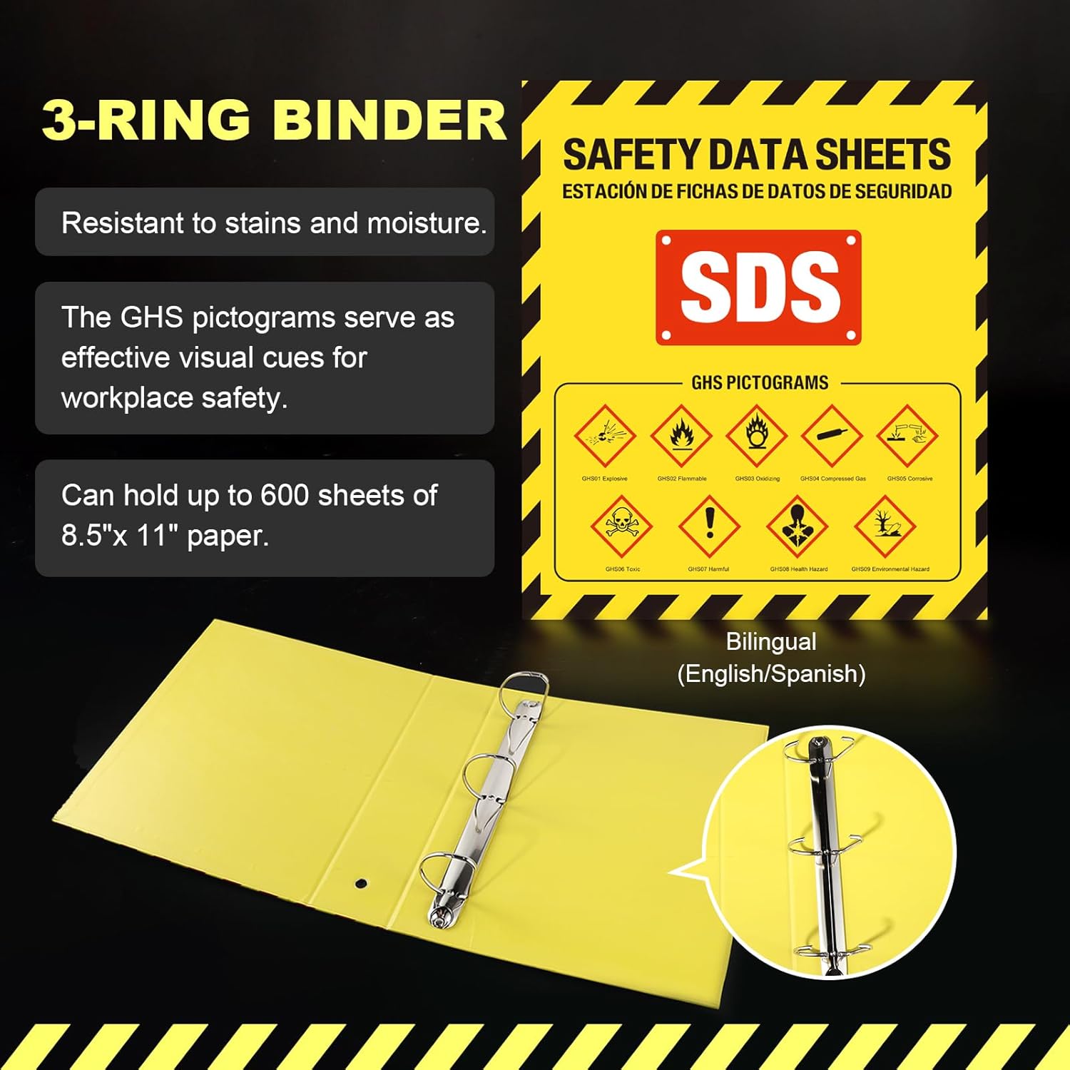 MSDS SDS Binder and Wall Station,Yellow Heavy Duty 3 Inch Material Safety Data Sheet 3 Ring Binder with SDS Wire Rack and Display Sign,Chain,Mounting Hardware,Safety Posters and MSDS Labels