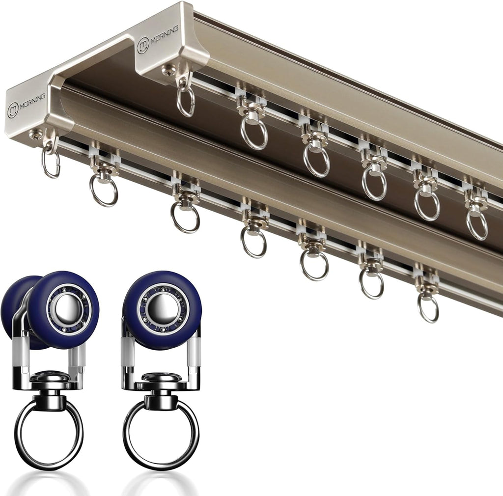 Double Row Ceiling Mounted Curtain Tracks - Double Rails for Curtains, Drapes, Room Dividers - Ceiling Mount System (Champagne, 4.5M)