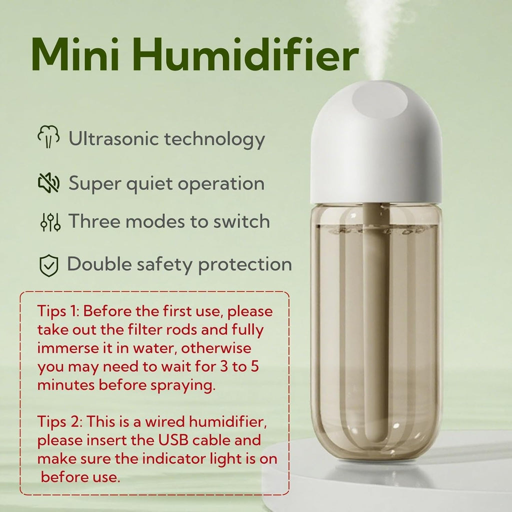 Portable Small Humidifier Dual Nozzle - Large Cool Mist Humidifiers Double Spray Ports, Water Shortage Protection, Ultra-Quiet, Mini Humidifier for Bedroom Plants Office Car Travel (P05)