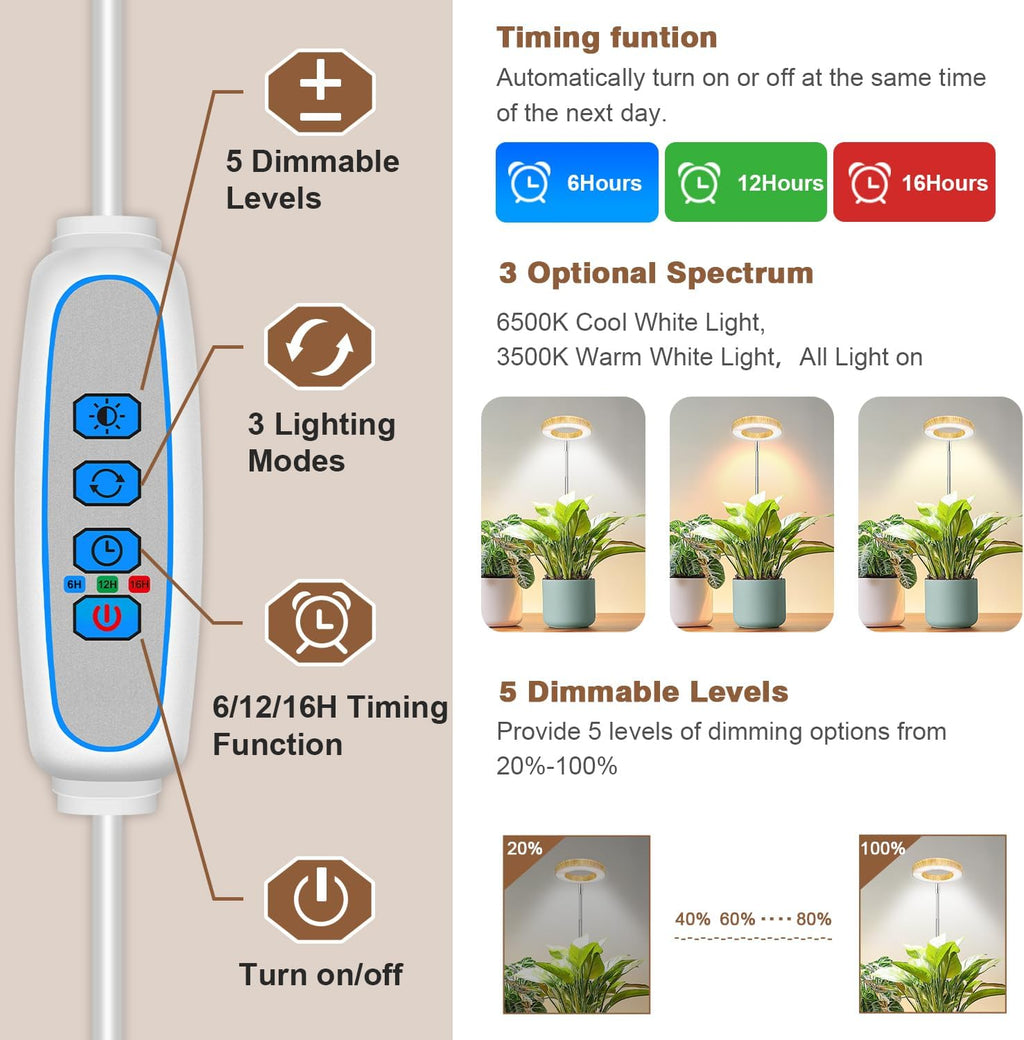 Grow Lights for Indoor Plants, 48 LEDs Full Spectrum Plant Grow Light, Height Adjustable Faux Wood Grain Halo Plant Light with Base, 3 Optional Spectrums, Auto Timer 6/12/16Hrs, 5 Brightness