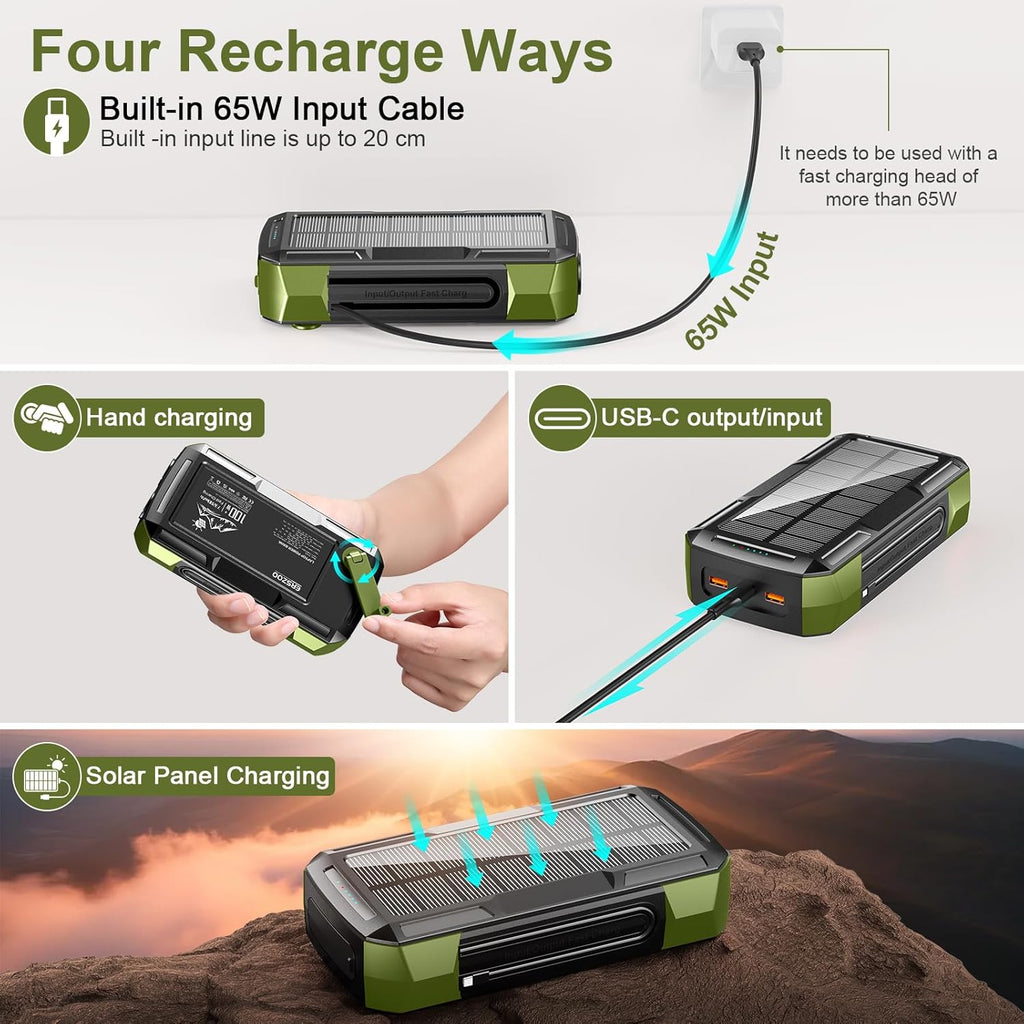 Solar Charger Power Bank 73200mAh, Portable Laptop Charger with 100W USB-C in/Output, Built-in Cables, Hand Crank Power Bank for Mobile Phones, Ideal for Outdoor Use with SOS/Strobe/Strong (green)