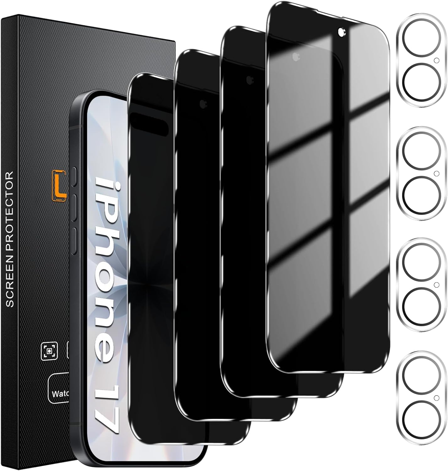 4 Pack Privacy Screen Protector for iPhone 17 6.3-Inch with 4 Pack Camera Lens Protector, Anti Spy Tempered Glass Film 9H Hardness Bubble Free Case Friendly