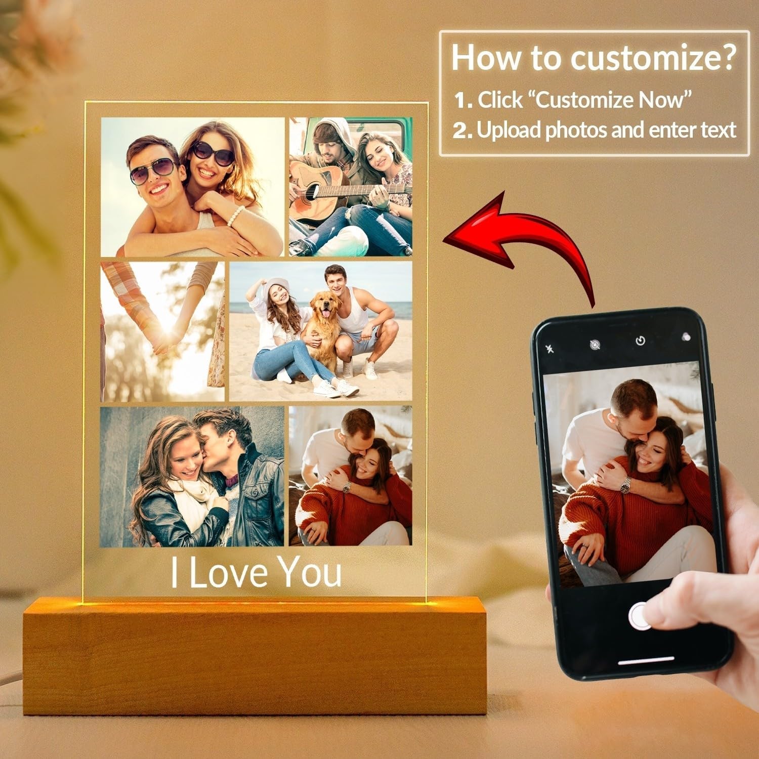 Custom Picture Frame with Photo, Personalized Photo Frame with Night Light, Customized Picture Frames, Personalized Valentines Day Gifts for Women Men Her Him Girlfriend Boyfriend Couple