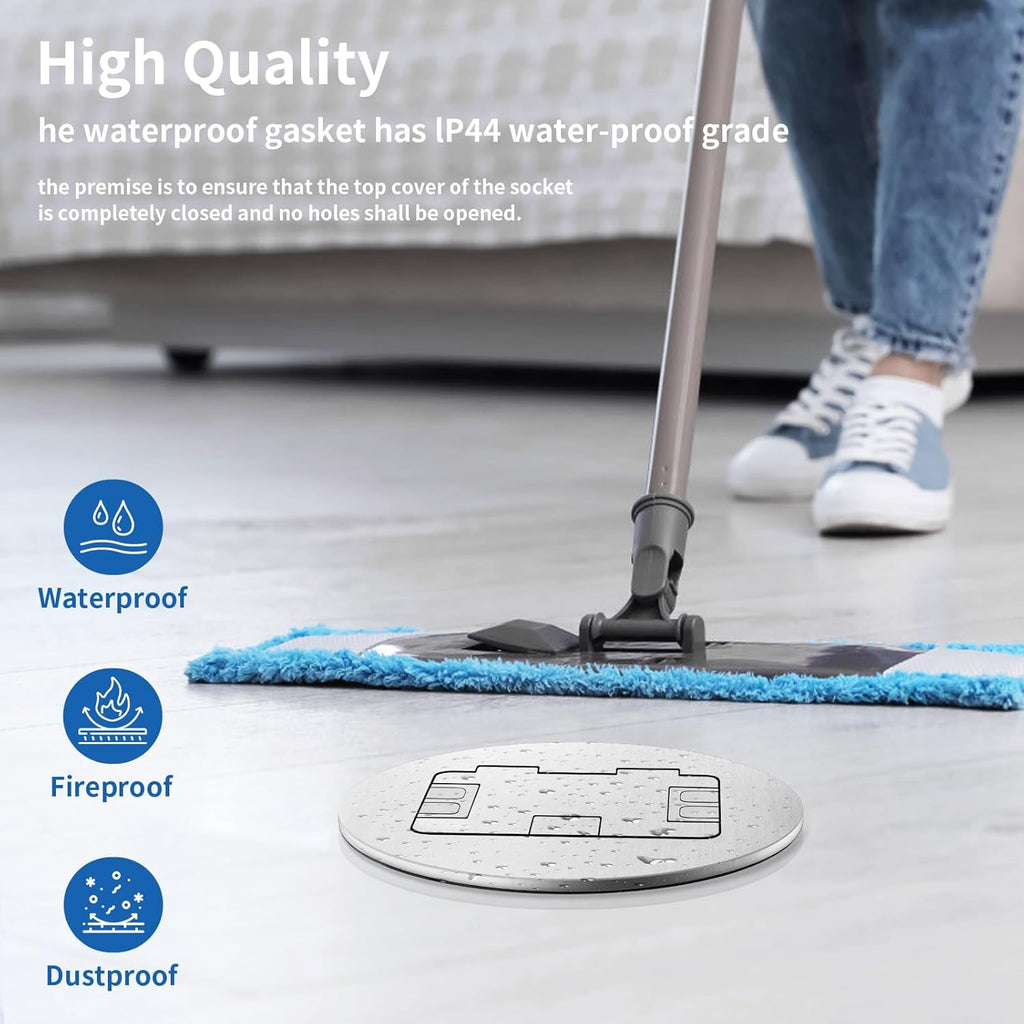 Vagueior Recessed Floor Electrical Outlet Kit, Circular Hidden Duplex 20A Tamper-Resistant Receptacle Outlet ，Waterproof Electrical Outlet Covcer Box, UL Certified,Silver（1 Pack