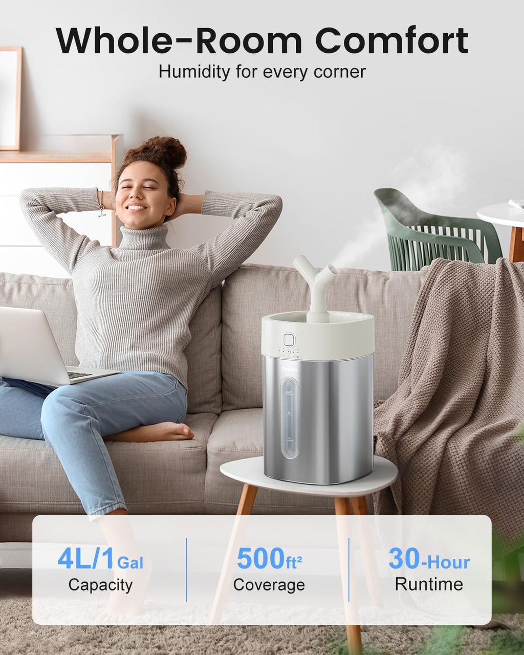Feekaa Stainless Steel Humidifier, Easy Clean Dishwasher Safe, 4L/1Gal Cool Mist Humidifiers for Bedroom, Humidifiers for Baby, Humidifier Large Room for Nursery, Plant, Office, Living Room, White