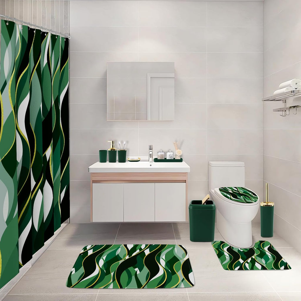 Bathroom Set - Green and Gold Bathroom Accessories, Bathroom Sets with Shower Curtain and Rugs, Green Shower Curtain Set with Bathroom Trash Can, Soap Dispenser, Soap Dish for Home Decor