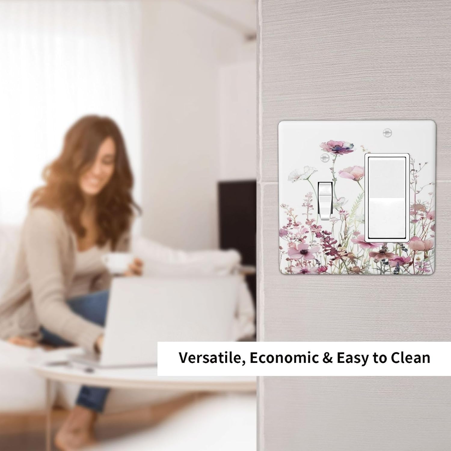 Floral Pink Watercolor Wildflowers Plant Flower Outlet Covers 1 Toggle 1 Rocker Combination Decorative Wall Plate Electrical Switch Plates Light Switch Cover Plate for Bedroom Living Room Decor