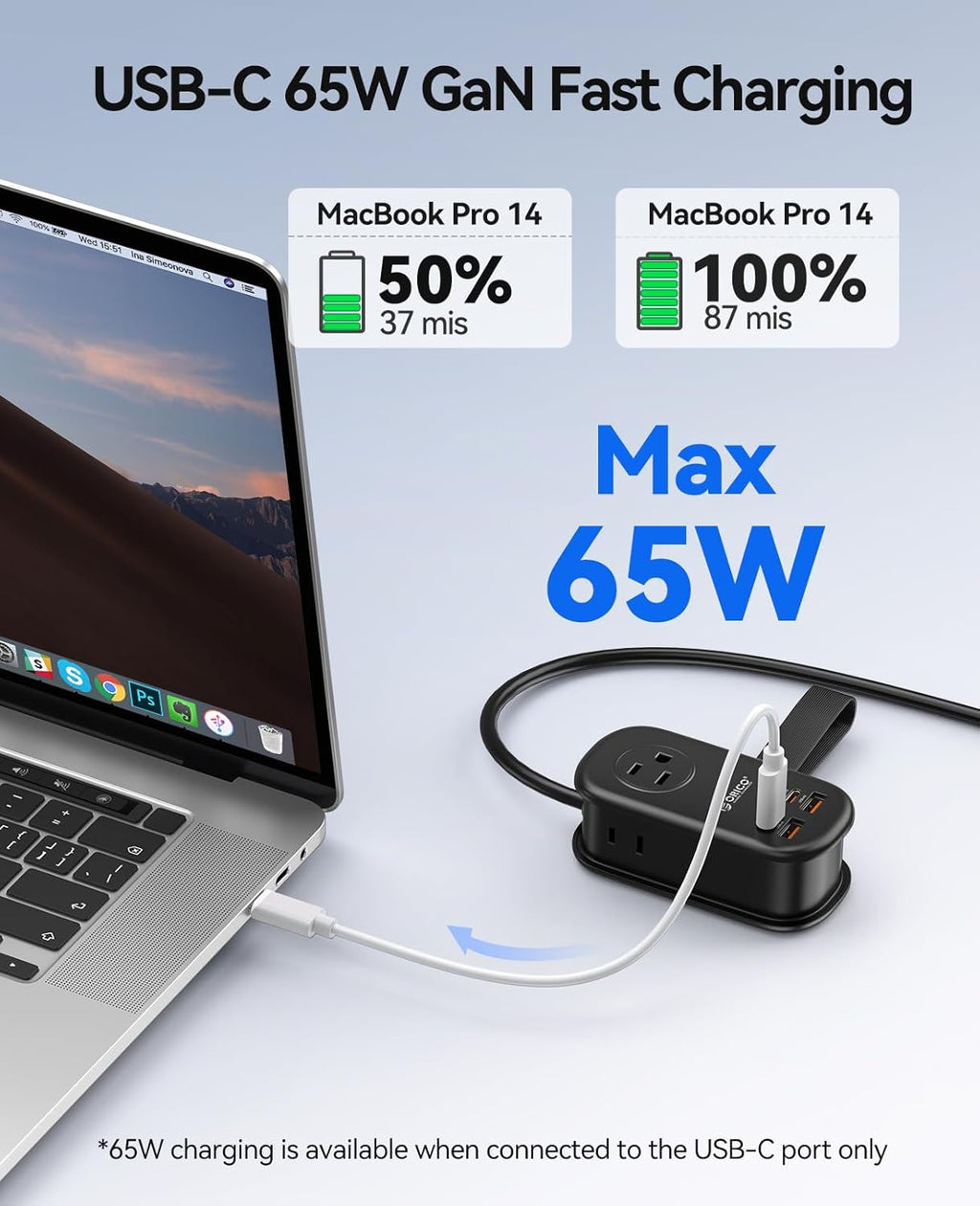 ORICO 65W GaN Travel Power Strip with 7-in-1 Charging Ports (3 AC Outlets/2 USB-A/2 USB-C), Flat Plug and 4FT Extension Cord, Fast Charger for MacBook Pro/Air, iPad Pro, iPhone 17/16/15 -AP3