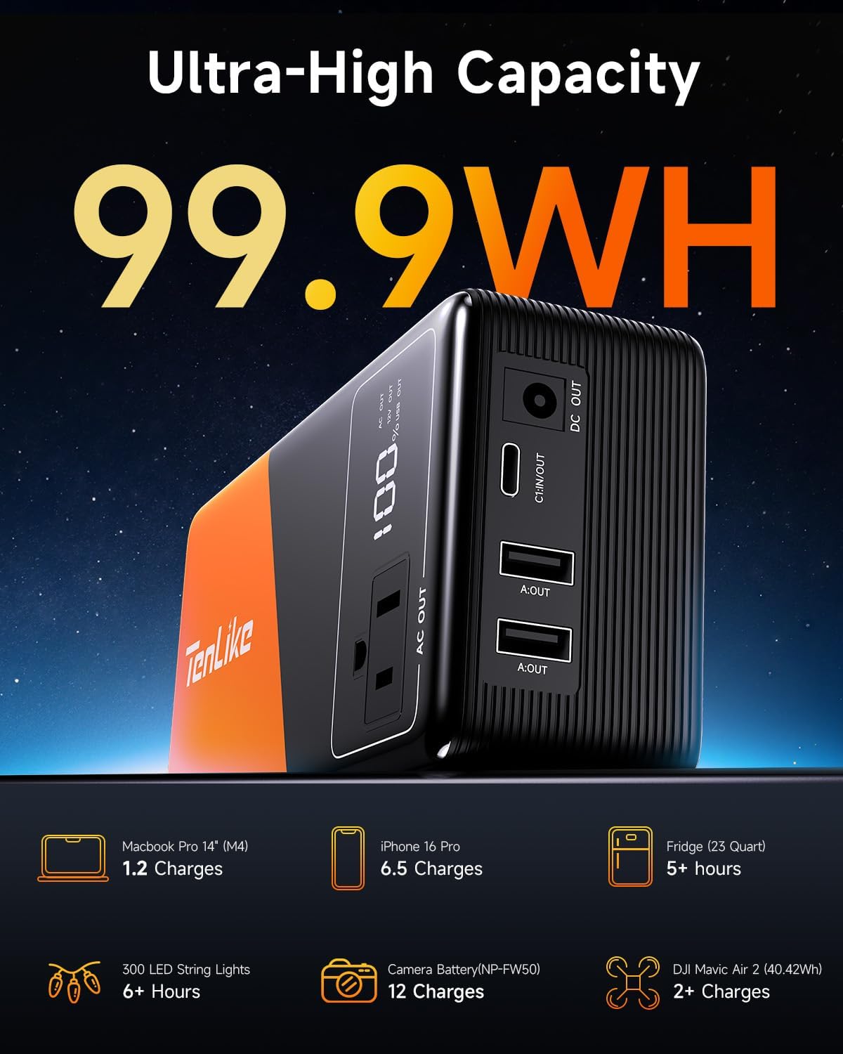 Large Power Bank for Camping Essentials Portable Power Station 99.9Wh Small Electric Generator Lithium Battery with 110V 80W Rated 120W Peak AC Plug in Output 60W Type-C Home Backup Outdoor Emergency