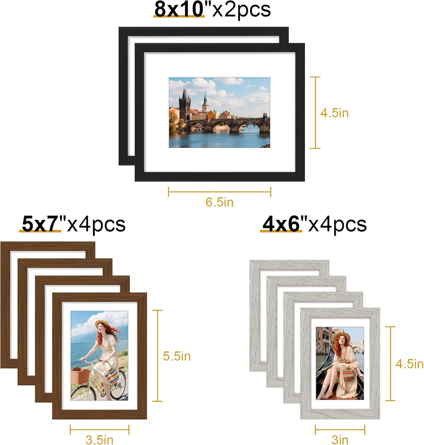 decorUhome Picture Frames Collage Wall Decor for Photo Gallery Display, Assorted Picture Frames set of 10 Including Two 8x10 / Four 5x7 / Four 4x6 for Family Wall Decor, Black/Brown/Grey, 10 Pack